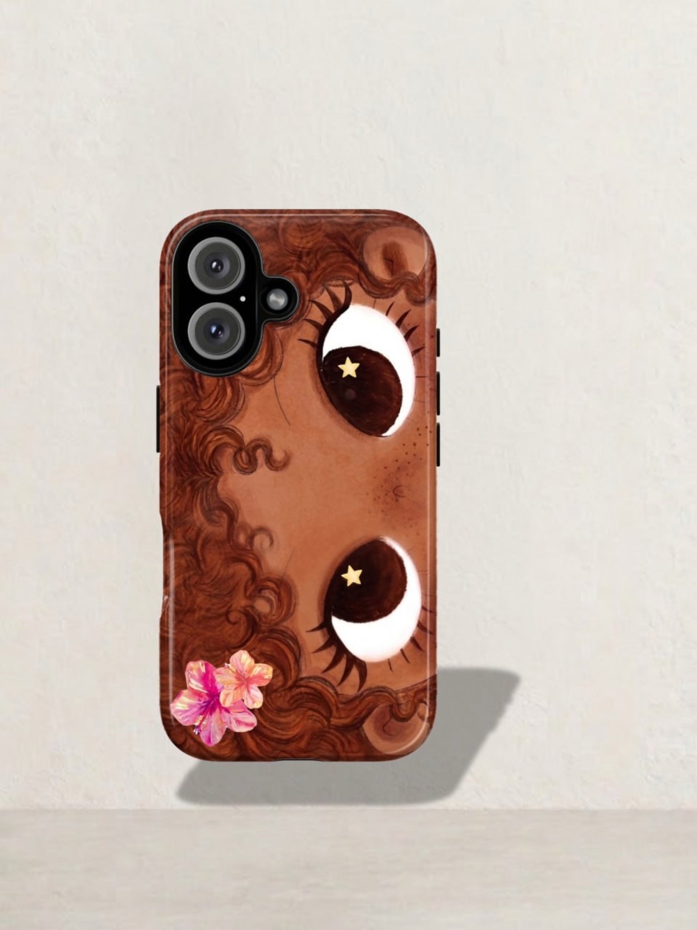 Cute Brown Curly Hair Phone Case with Star Eyes and Pink Flower